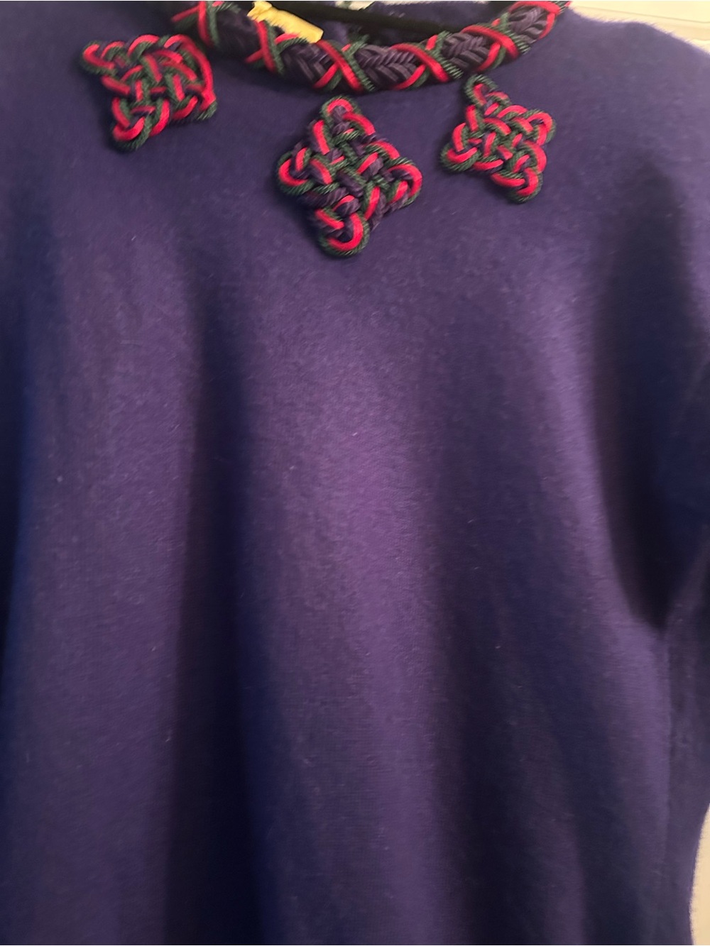 Gloria Sachs cashmere  Purple Crewneck Sweater with Red & Green Braided Trim